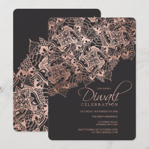 Invitación Tipografía diwali Mandala dorada falsa rosa en gri
