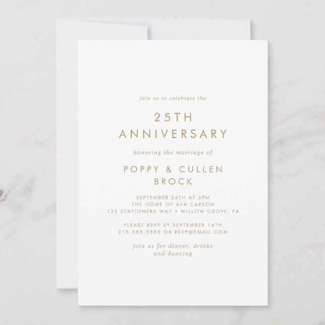 Invitación Tipografía Dorada Chic 25 Aniversario de Boda (Anverso)
