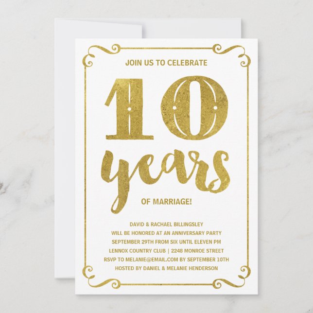 Invitación Tipografía dorada | Hoja falsa 10º Aniversario (Anverso)