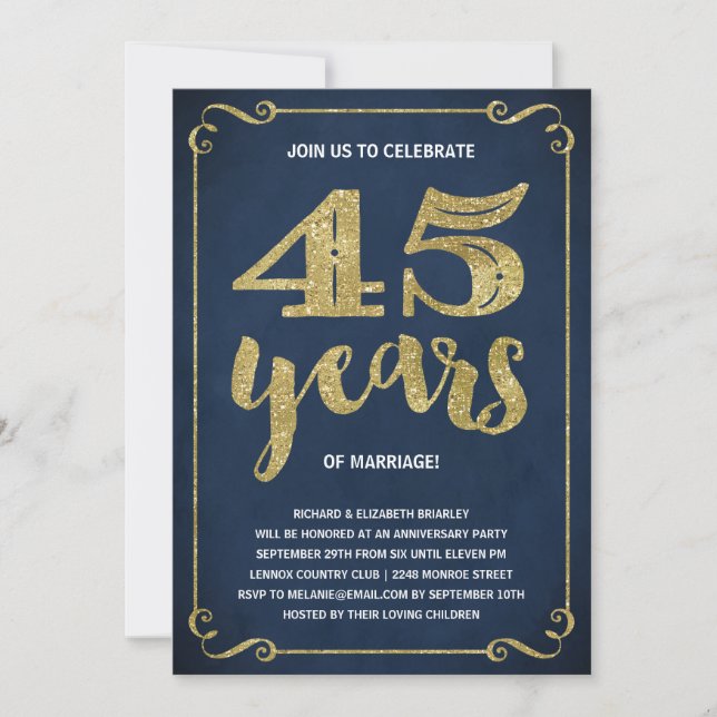 Invitación Tipografía dorada | Hoja falsa 45 aniversario (Anverso)