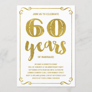 Invitación Tipografía dorada   Hoja falsa 60 aniversario