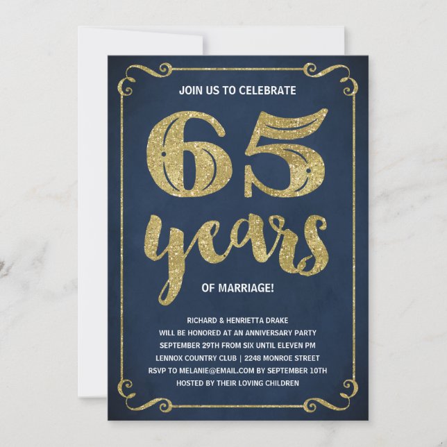 Invitación Tipografía dorada | Hoja falsa 65 aniversario (Anverso)