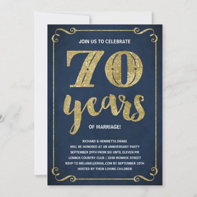 Invitación Tipografía dorada | Hoja falsa 70 aniversario (Anverso)