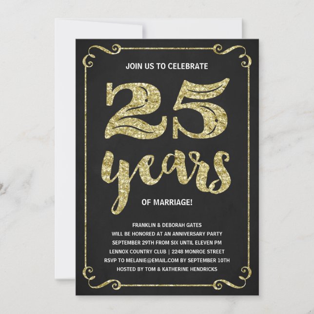 Invitación Tipografía dorada | Hoja falsa Aniversario 25 (Anverso)