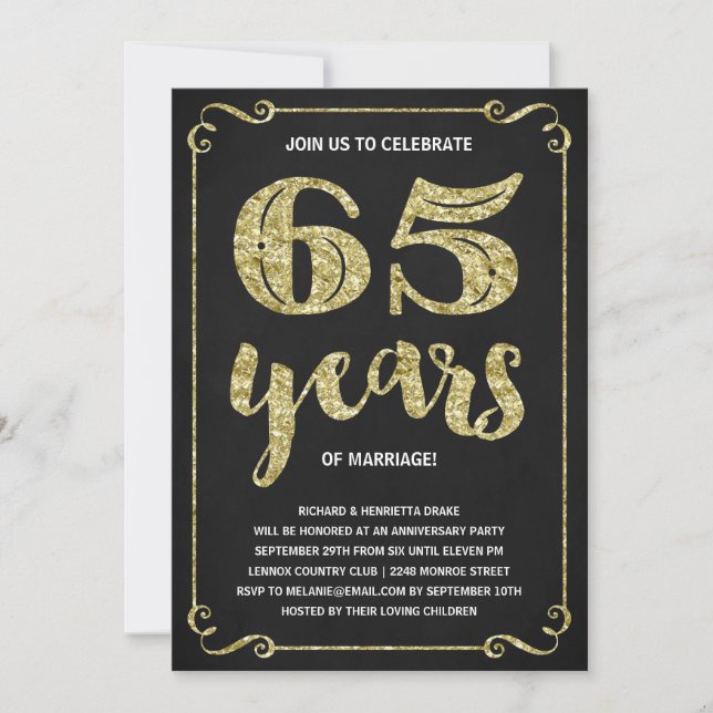 Invitación Tipografía dorada | Hoja falsa Aniversario 65 (Anverso)