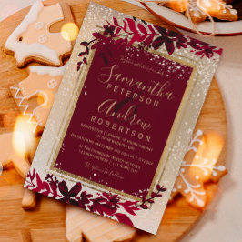 Invitación tipografía dorada hoja nieve boda invierno rojo