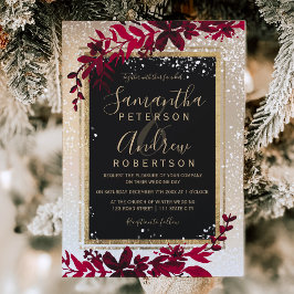 Invitación tipografía dorada hoja nieve boda invierno rojo