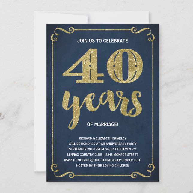 Invitación Tipografía dorada | Hojalata falsa 40 aniversario (Anverso)