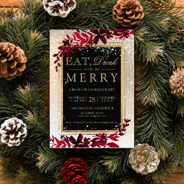Invitación tipografía dorada hojas de nieve rojo comer Navida