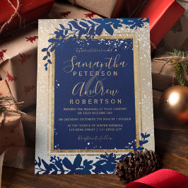 Invitación tipografía dorada nevada boda de invierno azul