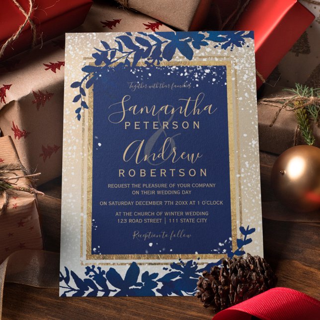 Invitación tipografía dorada nevada boda de invierno azul (Subido por el creador)