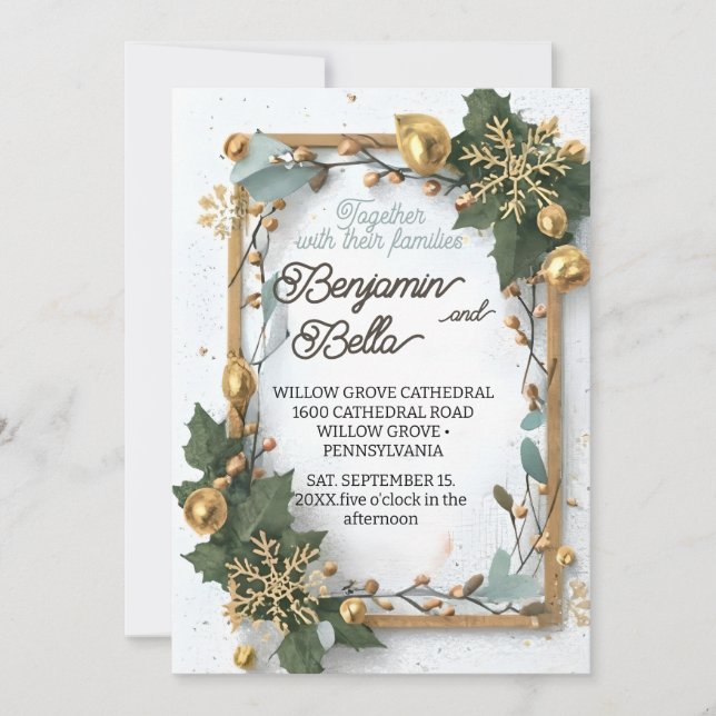 Invitación tipografía dorada nieve elegante boda de invierno (Anverso)