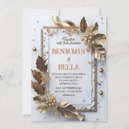 Invitación tipografía dorada nieve elegante boda de invierno