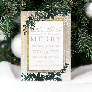 Invitación tipografía dorada nieve elegante comer Navidades