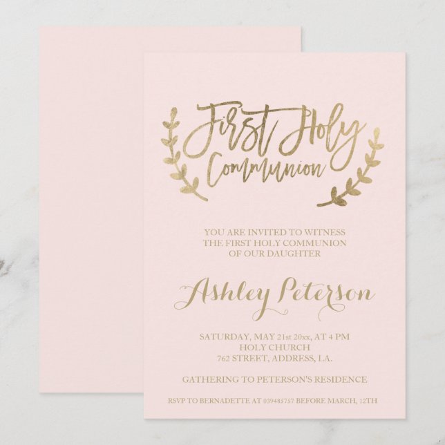 Invitación Tipografía dorada rosa rosa primera comunión sagra (Anverso / Reverso)