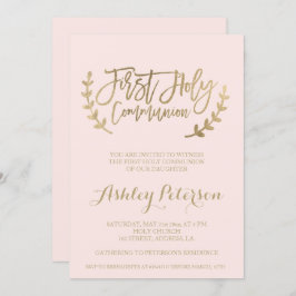 Invitación Tipografía dorada rosa rosa primera comunión sagra