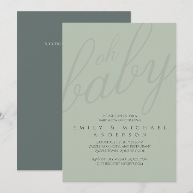 Invitación Tipografía Dusky Sage Revelación de género de Baby (Anverso / Reverso)