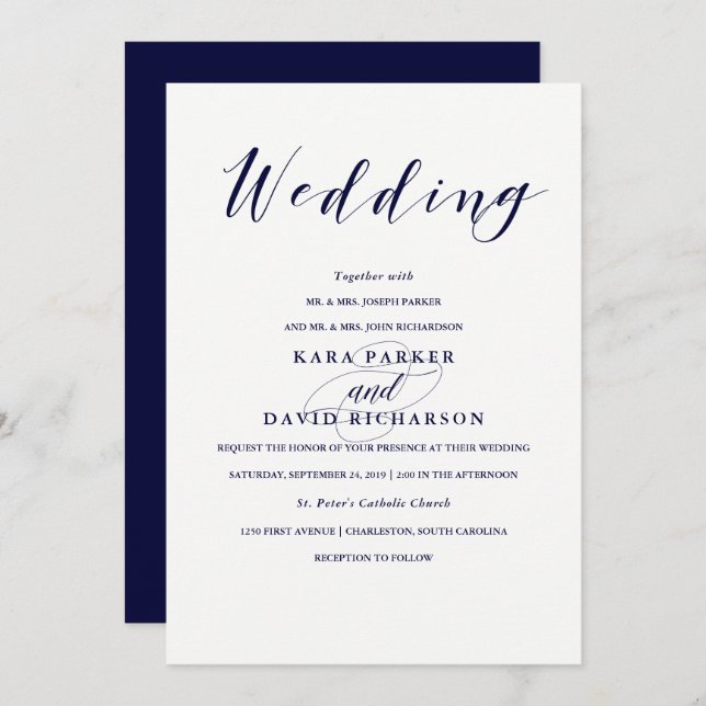 Invitación Tipografía elegante| Boda azul de la marina (Anverso / Reverso)