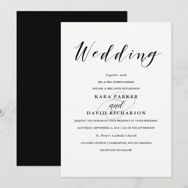 Invitación Tipografía elegante | Boda blanco y negro (Anverso / Reverso)
