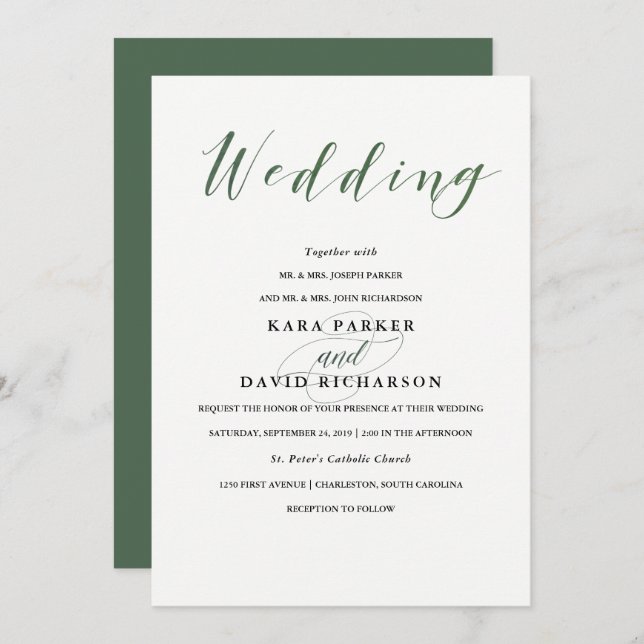 Invitación Tipografía elegante | Boda verde profundo (Anverso / Reverso)