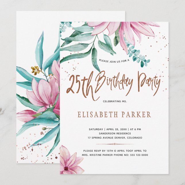 Invitación Tipografía elegante cumpleaños floral 25 (Anverso / Reverso)
