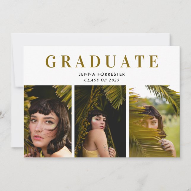 Invitación Típografía elegante de grado Tres fotos (Anverso)