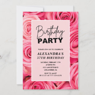 Invitación Tipografía elegante floral rosas rosadas 37 cumple