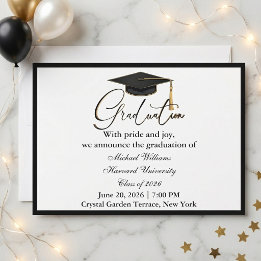 Invitación Tipografía Elegante Gorra Negra Graduación Monocro