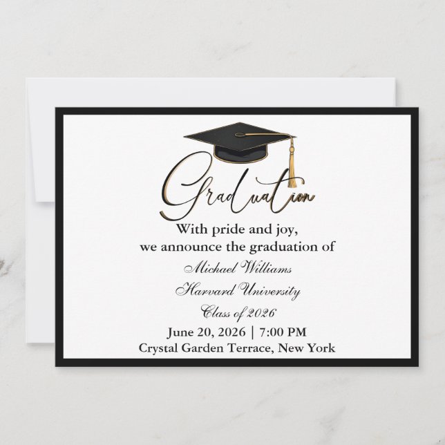 Invitación Tipografía Elegante Gorra Negra Graduación Monocro (Anverso)