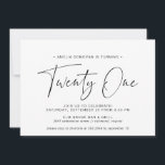 Invitación Tipografía en blanco y negro | Sencillo cumpleaños<br><div class="desc">Invitaciones modernas de 21 años con "veintiuno" en un guión escrito a mano. Diseño minimalista de sólo texto con fuente negra en contraste en un fondo blanco.</div>