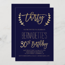 Invitación Tipografía en oro falso azul marino 30 cumpleaños
