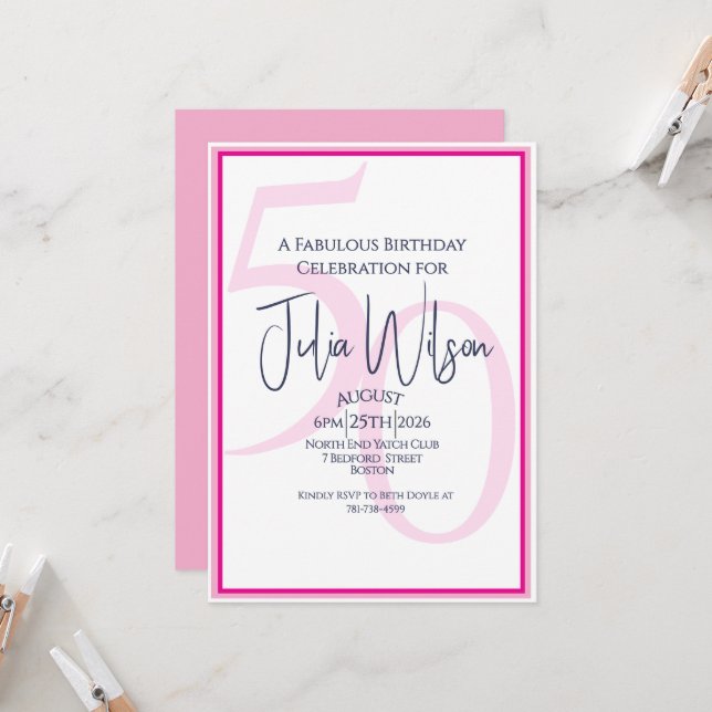 Invitación Tipografía Femenina Moderna Rosa Cumpleaños 50  (Anverso/Reverso In Situ)