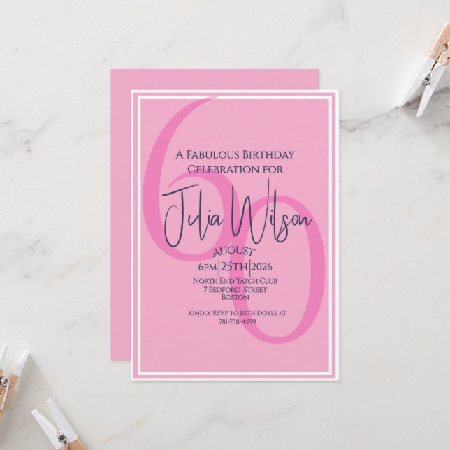 Invitación Tipografía Femenina Moderna Rosa Cumpleaños 60  (Anverso/Reverso In Situ)