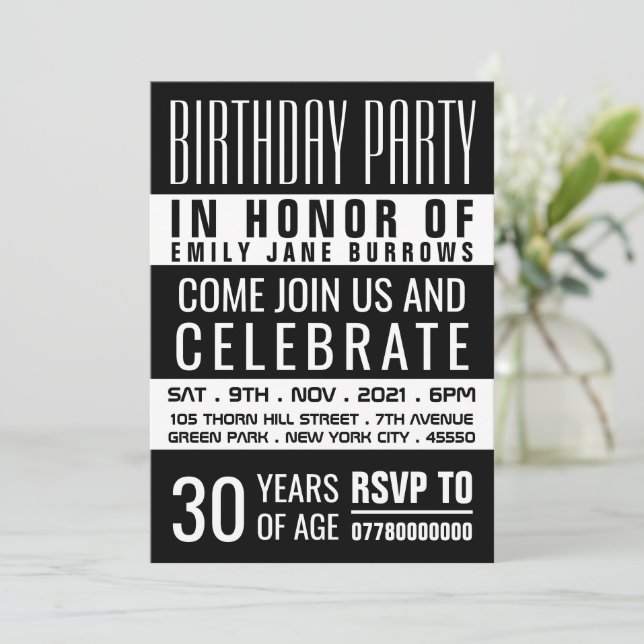 Invitación Tipografía, fiesta de cumpleaños blanco y negro (Anverso de pie)