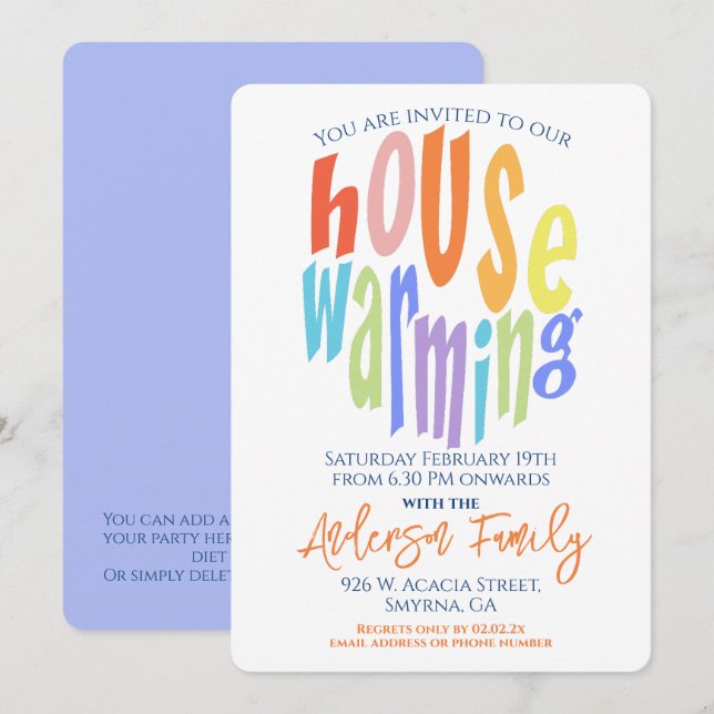 Invitación Tipografía Fiesta moderna para el calentamiento de (Anverso / Reverso)
