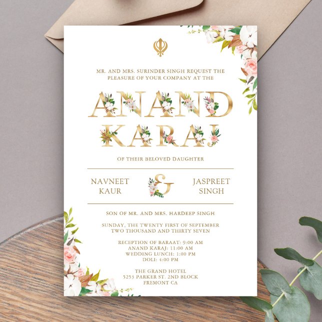 Invitación Tipografía floral Anand Karaj Sikh Boda (Subido por el creador)