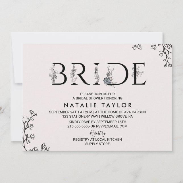 Invitación Tipografía floral Brida Bridal Shower (Anverso)