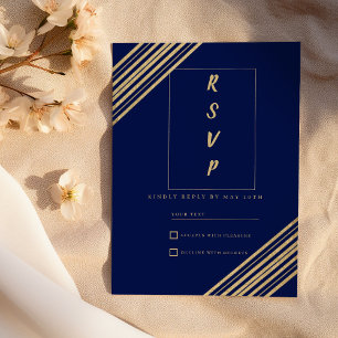 Invitación Tipografía geométrica azul marino dorada RSVP 