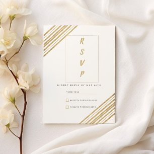 Invitación Tipografía geométrica blanca y dorada RSVP