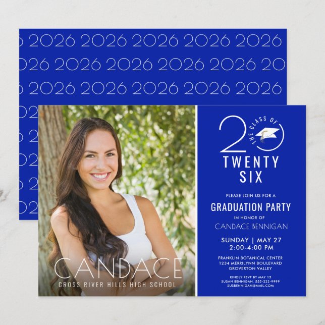 Invitación Tipografía Grad Cap Royal Blue (Anverso / Reverso)
