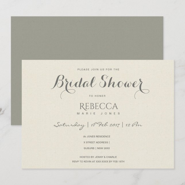 Invitación TIPOGRAFÍA GRIS SIMPLE Y ELEGANTE Ducha Bridal (Anverso / Reverso)