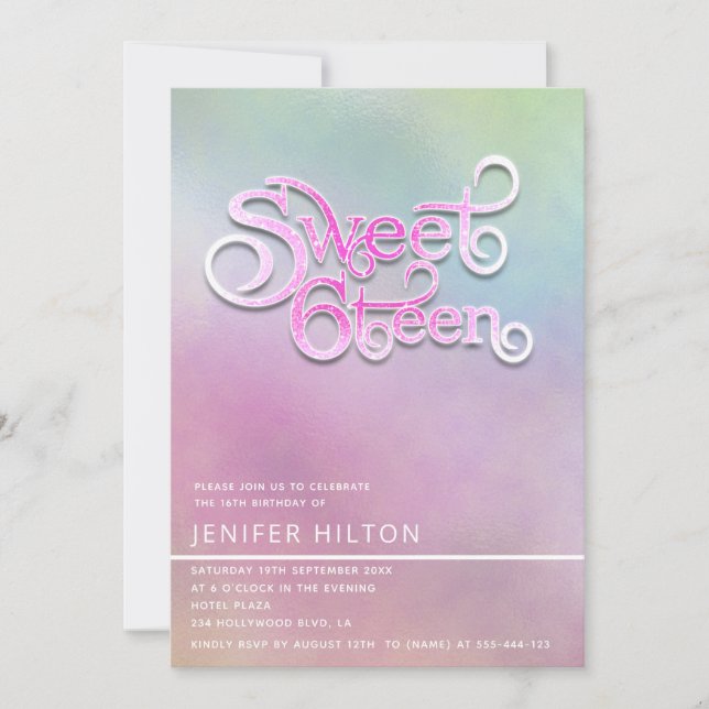 Invitación Tipografía holográfica moderna de Guay dulce dieci (Anverso)