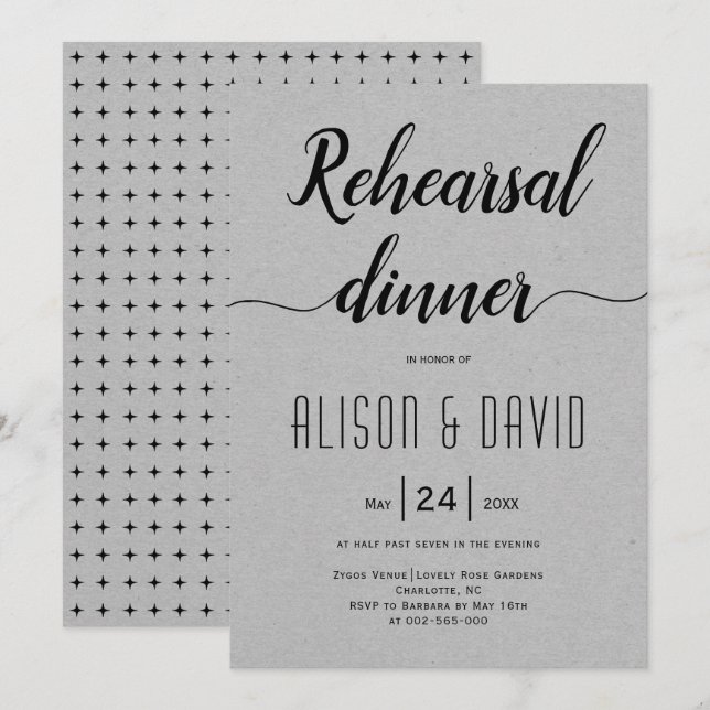 Invitación Típografía manuscrita cena de ensayo boda gris (Anverso / Reverso)