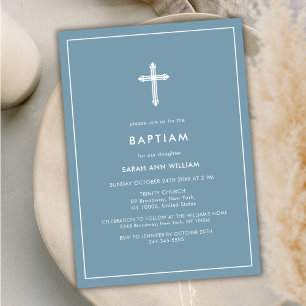 Invitación Tipografía Mínima Azul Dusty Baptismo de marco cru