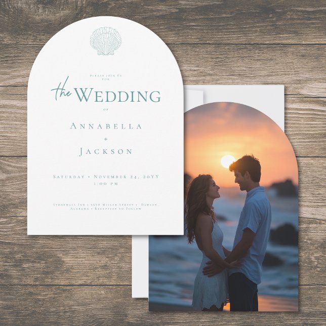 Invitación Tipografía Mínima Boda Foto Aqua Blanco Concha (Minimal Typography Aqua White Shell Photo Arch Wedding Invitation)