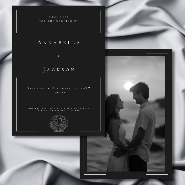 Invitación Tipografía mínima Boda fotográfico de la cubierta  (Minimal Typography Black White Shell Photo Wedding Invitation)