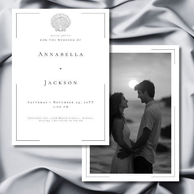 Invitación Tipografía mínima Boda fotográfico de la cubierta  (Minimal Typography Black White Shell Photo Wedding Invitation)