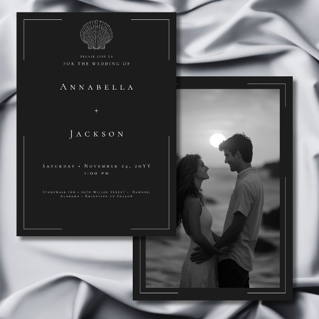 Invitación Tipografía mínima Boda fotográfico de la cubierta  (Minimal Typography Black White Shell Photo Wedding Invitation)