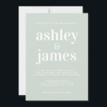 Invitación Tipografía mínima moderna Boda verde pastel<br><div class="desc">Una invitación a la boda minimalista, moderna y elegante presenta una tipografía blanca y elegante con un fondo verde lechoso. Simplemente agregue los detalles de su boda. Diseñado exclusivamente para usted por Happy Dolphin Studio. Si necesita ayuda o productos coincidentes, por favor contáctenos a través de la charla de nuestra...</div>