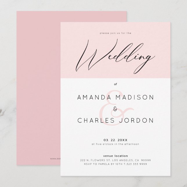 Invitación Tipografía mínima rosa y blanco y Boda (Anverso / Reverso)